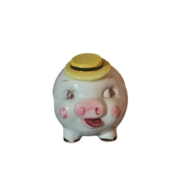 Vintage Anthropomorphic Small Piggy Bank Mr. Pig Yellow Hat Ceramic Japan - Picture 2 of 5
